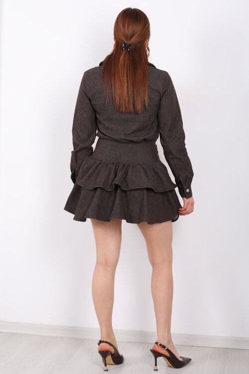 Kemer Detaylı Denim Fırfırlı Kahverengi Kadın Mini Elbise - 5