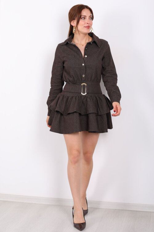 Kemer Detaylı Denim Fırfırlı Kahverengi Kadın Mini Elbise - 7