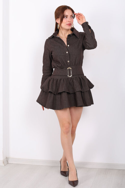 Kemer Detaylı Denim Fırfırlı Kahverengi Kadın Mini Elbise - 3