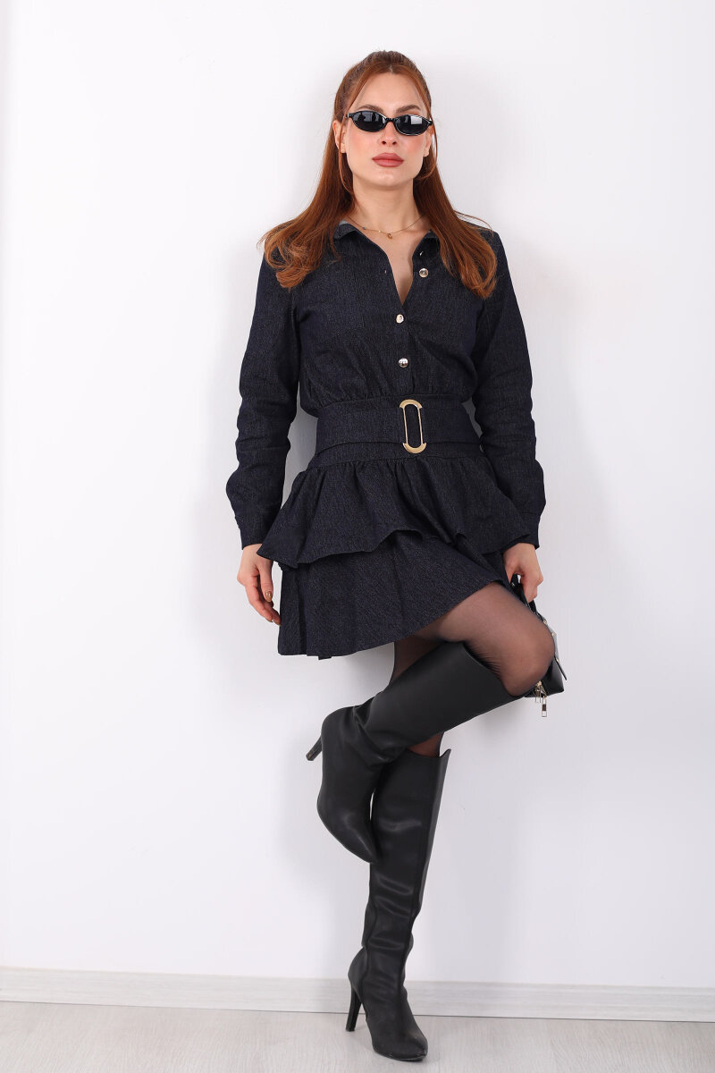 Kemer Detaylı Denim Fırfırlı Lacivert Kadın Mini Elbise - 4