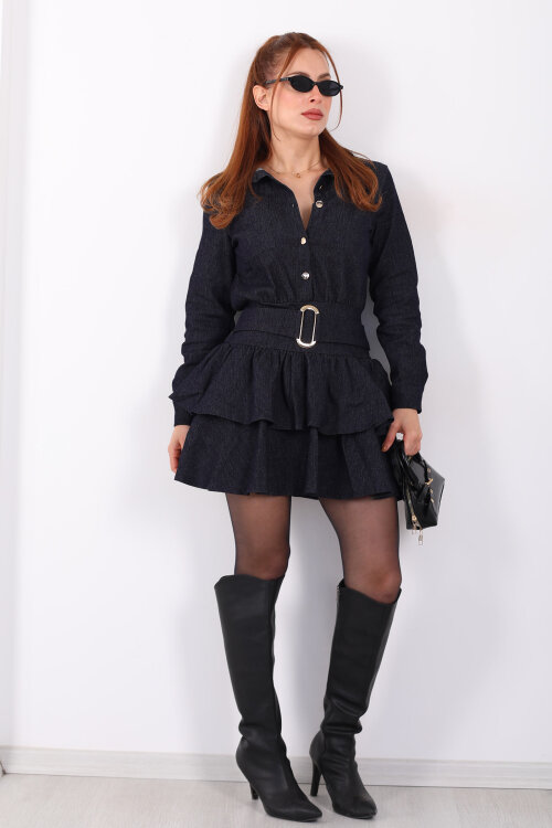 Kemer Detaylı Denim Fırfırlı Lacivert Kadın Mini Elbise - 8