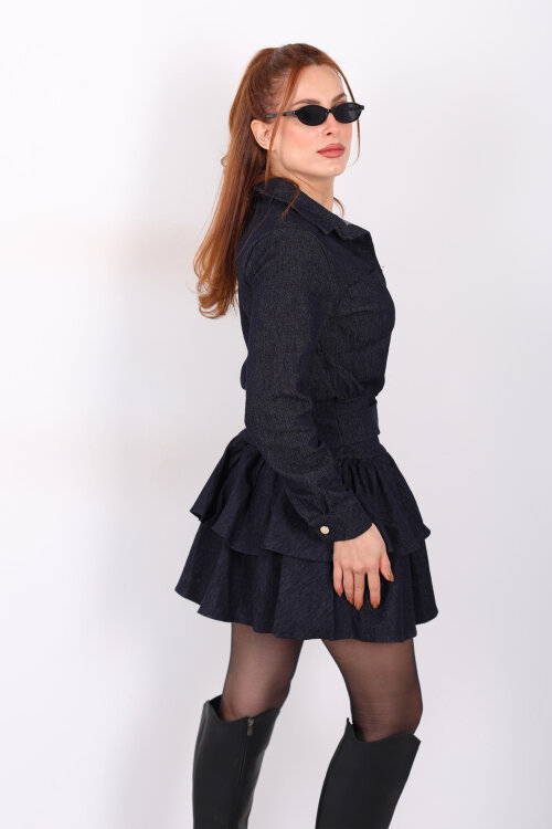 Kemer Detaylı Denim Fırfırlı Lacivert Kadın Mini Elbise - 6