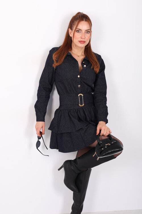 Kemer Detaylı Denim Fırfırlı Lacivert Kadın Mini Elbise - 7