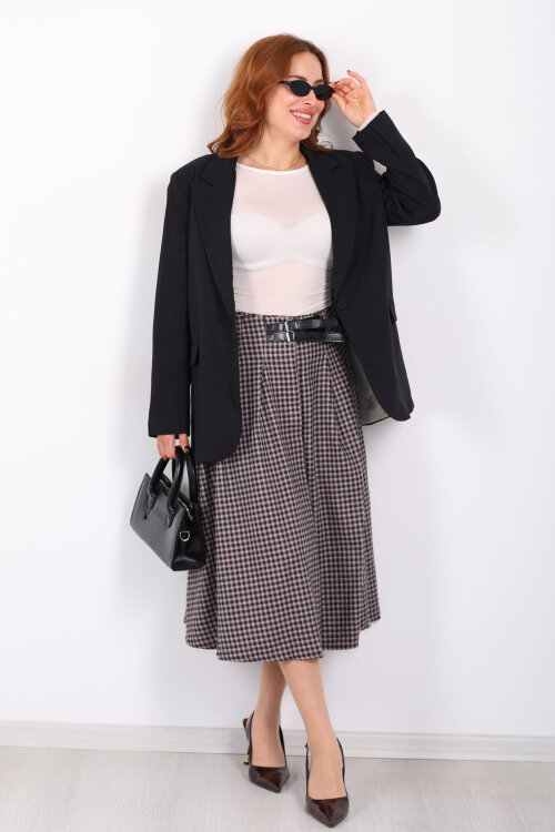 Kemer Detaylı Ekose Desenli Bej Kadın Midi Etek - 4