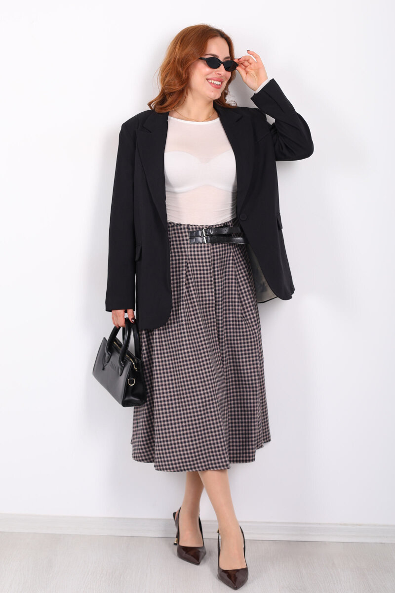 Kemer Detaylı Ekose Desenli Bej Kadın Midi Etek - 4