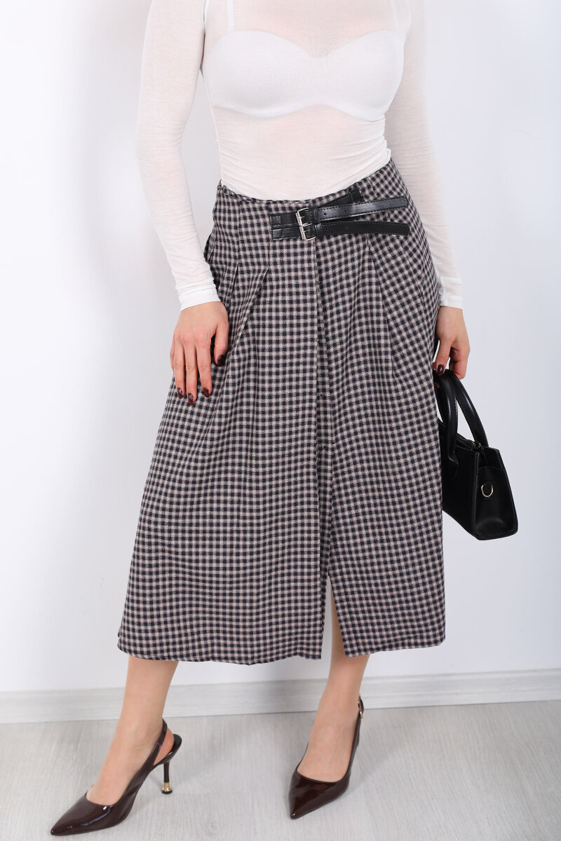 Kemer Detaylı Ekose Desenli Bej Kadın Midi Etek - 2