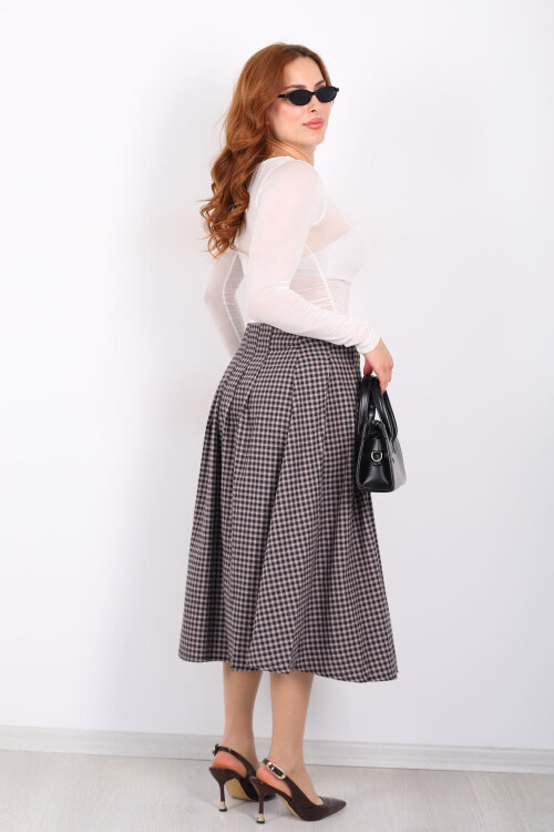 Kemer Detaylı Ekose Desenli Bej Kadın Midi Etek - 5