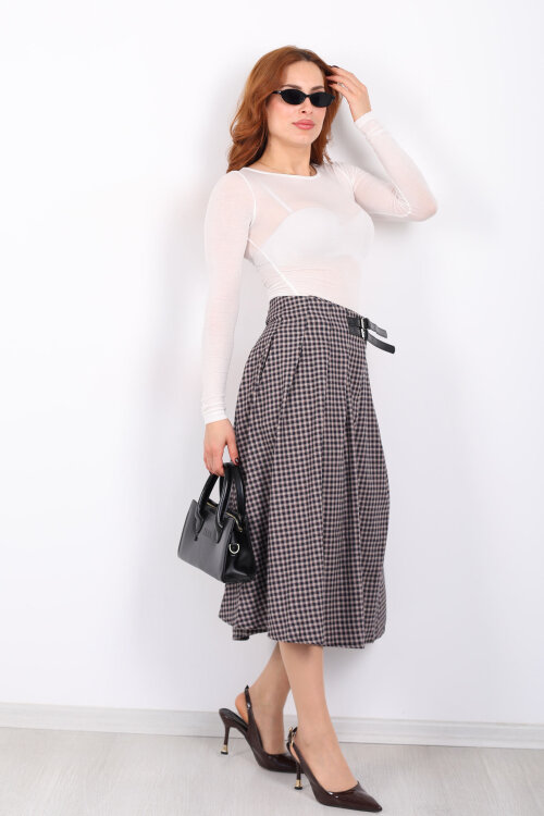 Kemer Detaylı Ekose Desenli Bej Kadın Midi Etek - 6