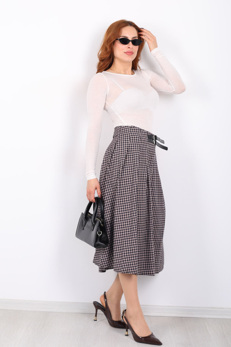 Kemer Detaylı Ekose Desenli Bej Kadın Midi Etek - 6