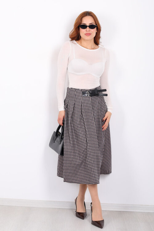 Kemer Detaylı Ekose Desenli Bej Kadın Midi Etek - Berox