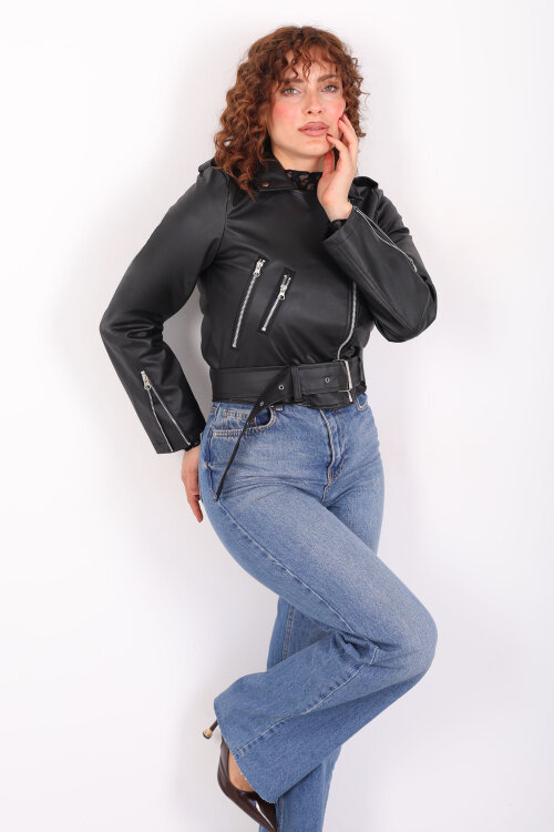 Kemer Detaylı Fermuarlı Kadın Siyah Deri Ceket - 6