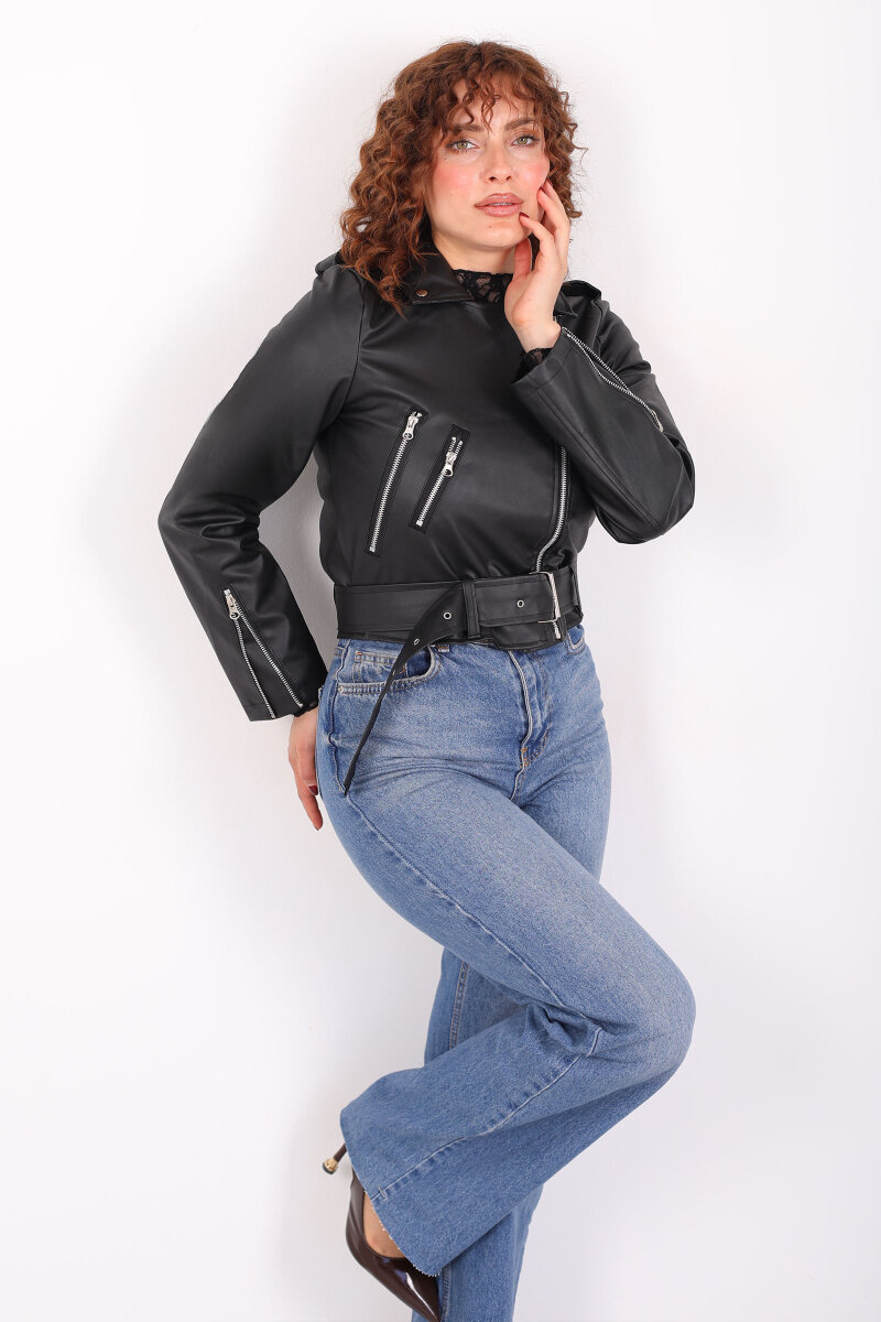 Kemer Detaylı Fermuarlı Kadın Siyah Deri Ceket - 6