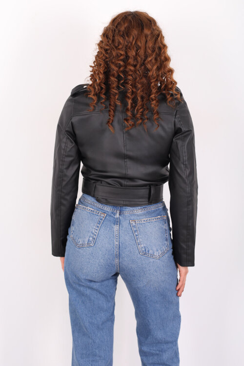 Kemer Detaylı Fermuarlı Kadın Siyah Deri Ceket - 5