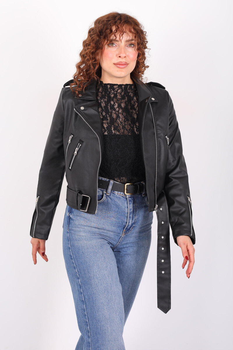 Kemer Detaylı Fermuarlı Kadın Siyah Deri Ceket - 1