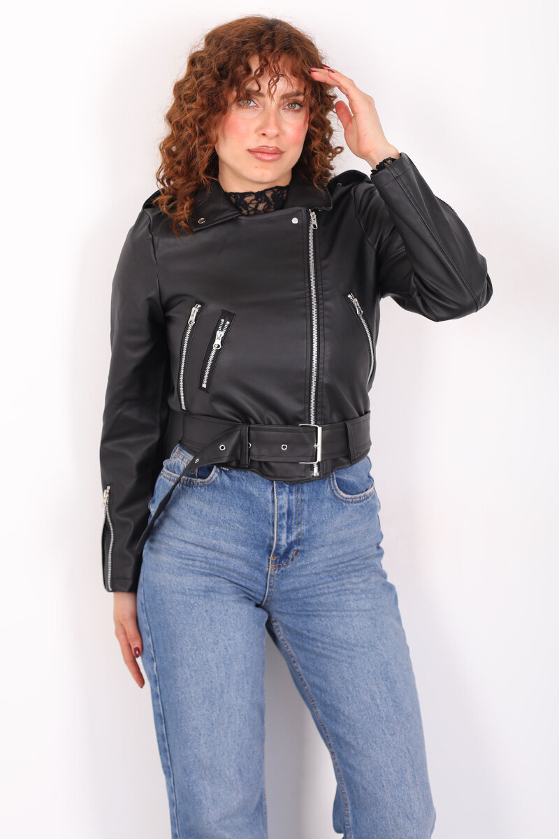 Kemer Detaylı Fermuarlı Kadın Siyah Deri Ceket - 3