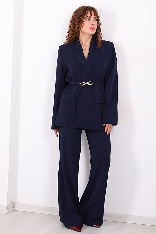 Kemer Detaylı Fleto Cepli Oversize Kadın Lacivert Blazer Ceket - 7