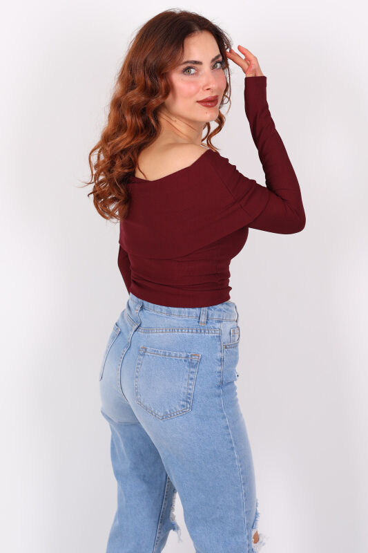 Kemer Detaylı Madonna Yaka Ottoman Crop Bordo Kadın Bluz - 6