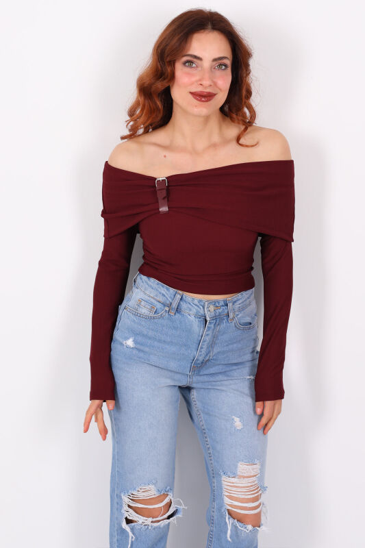 Kemer Detaylı Madonna Yaka Ottoman Crop Bordo Kadın Bluz - 5
