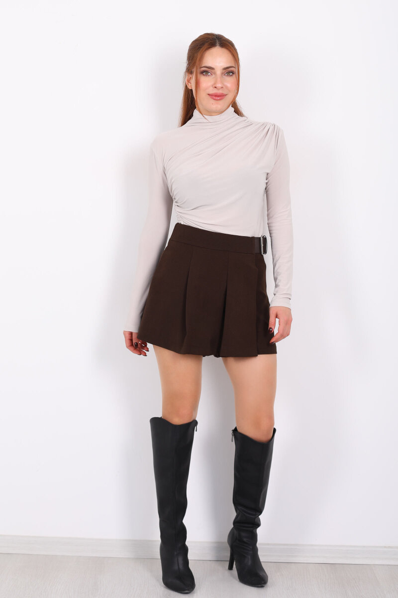 Kemer Detaylı Pileli Acı Kahve Kadın Mini Şort Etek - 3