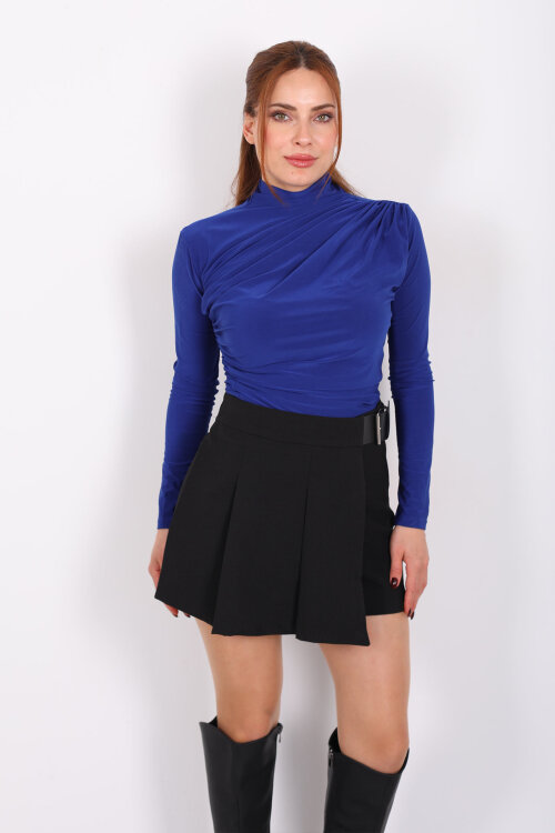 Kemer Detaylı Pileli Siyah Kadın Mini Şort Etek - 4