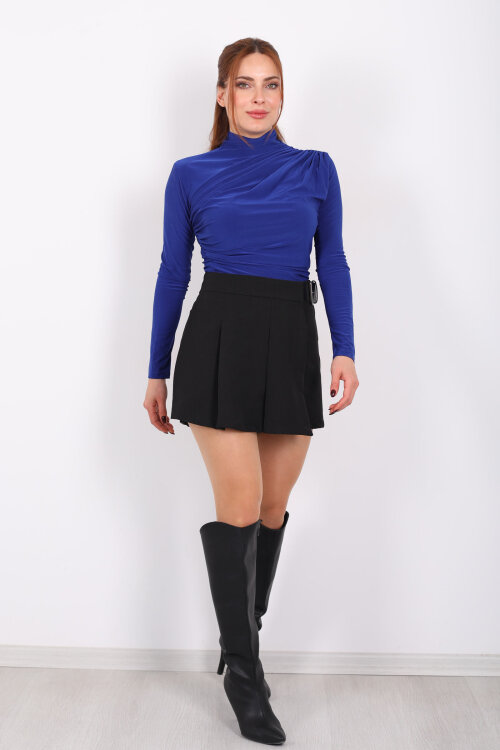 Kemer Detaylı Pileli Siyah Kadın Mini Şort Etek - 3