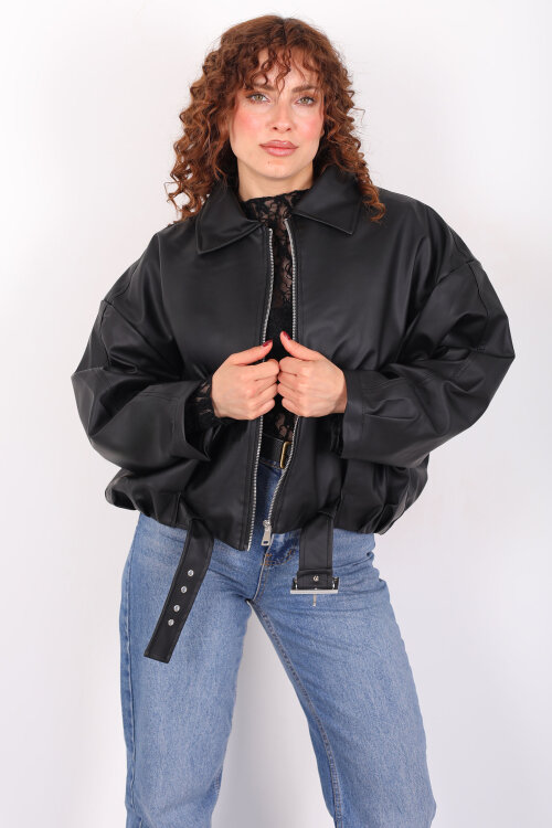 Kemer Detaylı Yarasa Kol Siyah Kadın Deri Ceket - 3