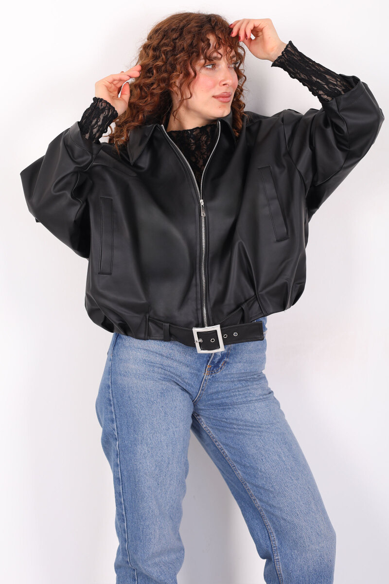 Kemer Detaylı Yarasa Kol Siyah Kadın Deri Ceket - 4
