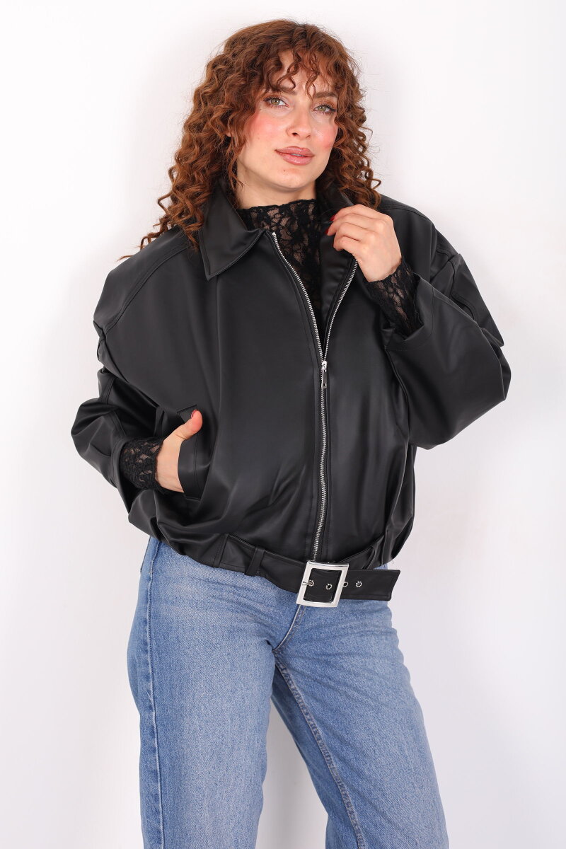 Kemer Detaylı Yarasa Kol Siyah Kadın Deri Ceket - 7
