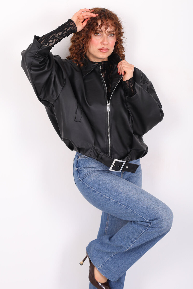 Kemer Detaylı Yarasa Kol Siyah Kadın Deri Ceket - 5