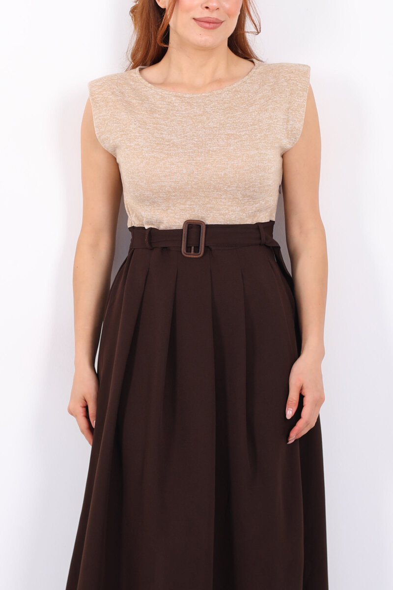 Kemerli Acı Kahve Kadın Vatkalı Maxi Elbise - 2