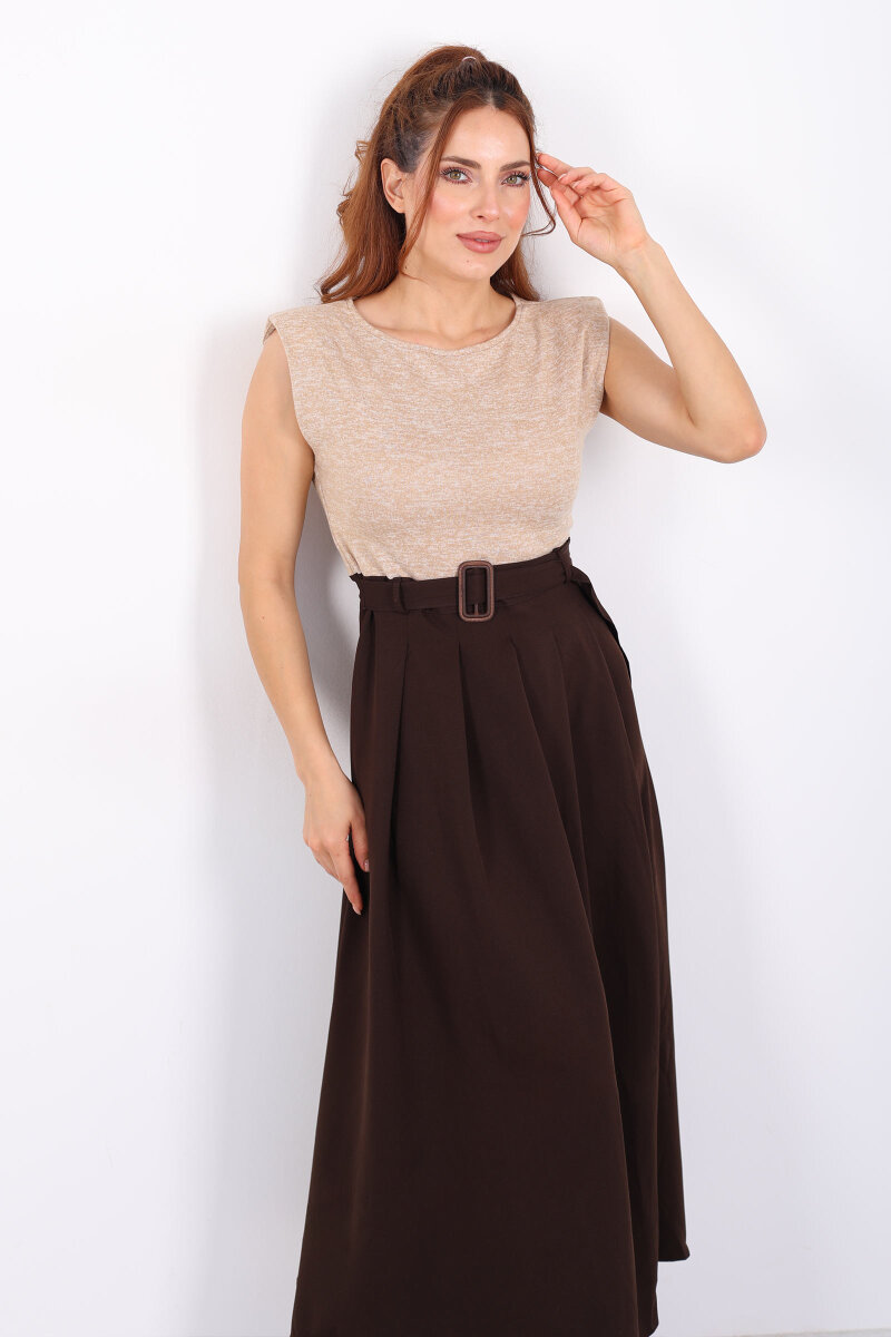 Kemerli Acı Kahve Kadın Vatkalı Maxi Elbise - 1