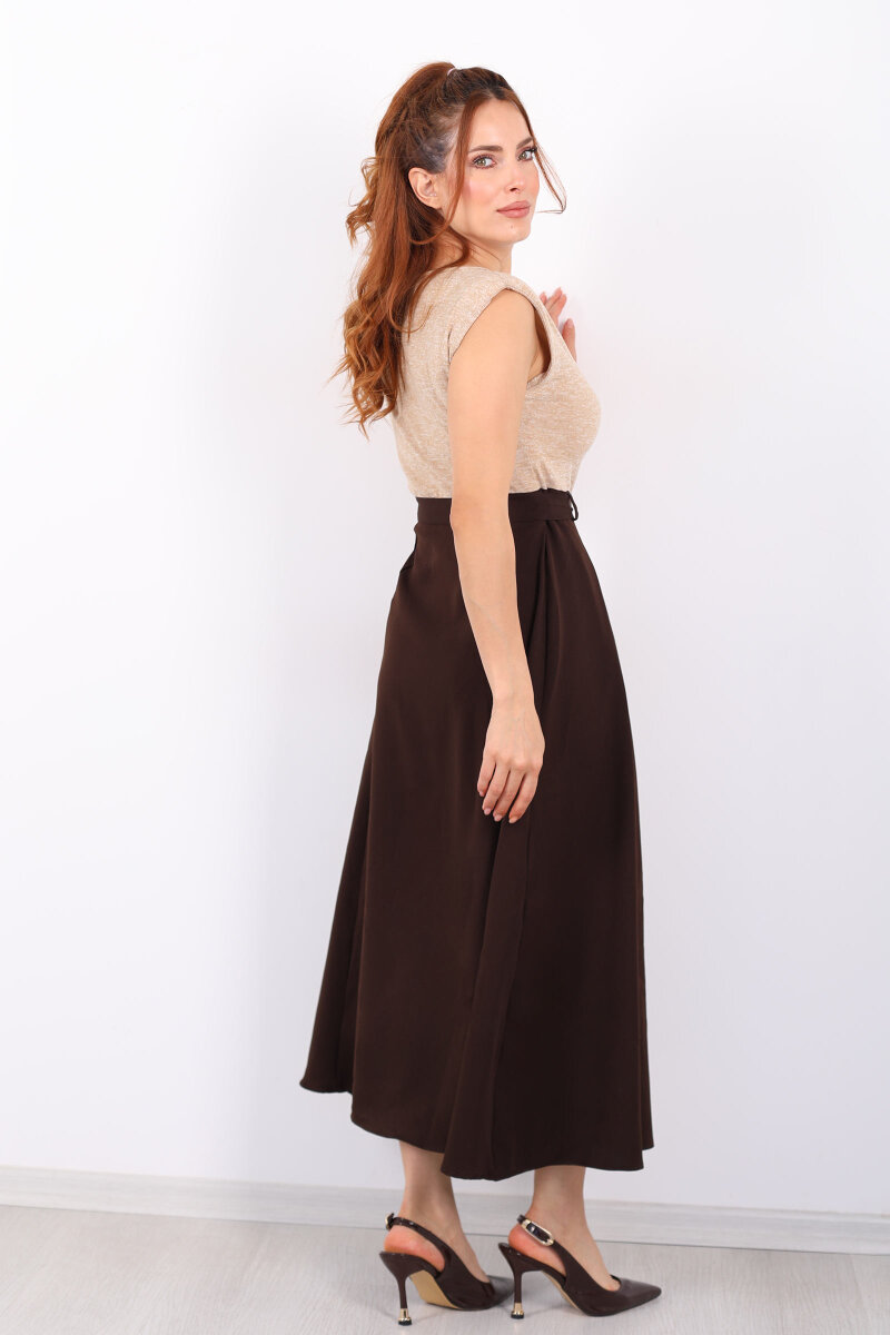 Kemerli Acı Kahve Kadın Vatkalı Maxi Elbise - 6