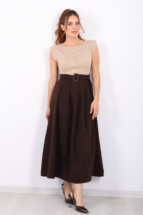 Kemerli Acı Kahve Kadın Vatkalı Maxi Elbise - 7