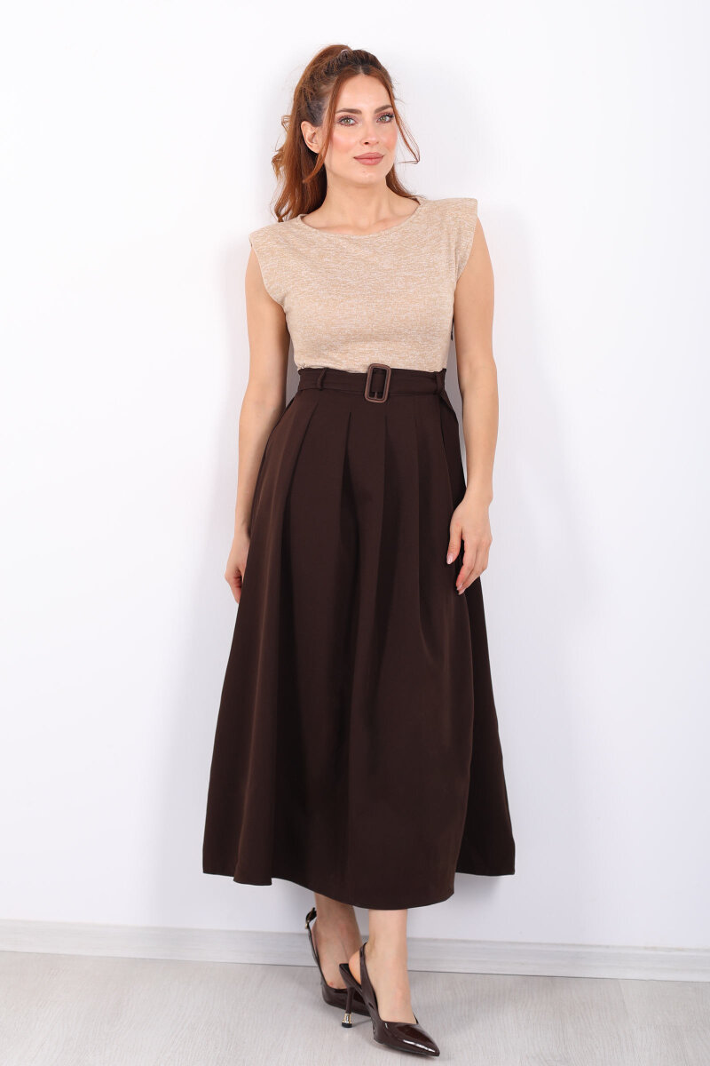 Kemerli Acı Kahve Kadın Vatkalı Maxi Elbise - 7