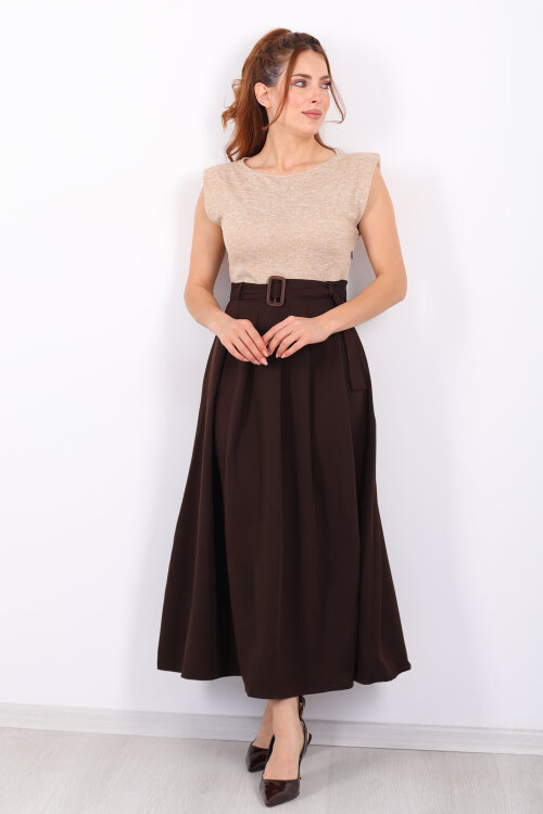 Kemerli Acı Kahve Kadın Vatkalı Maxi Elbise - 3