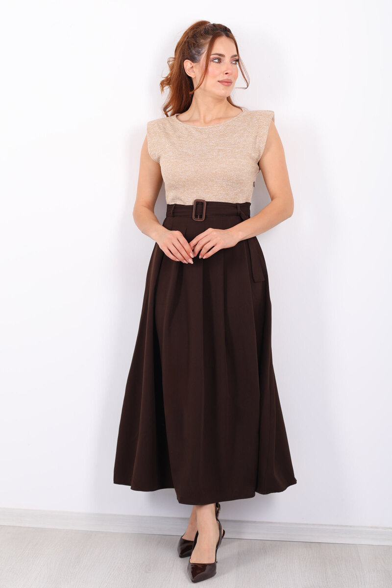 Kemerli Acı Kahve Kadın Vatkalı Maxi Elbise - 3