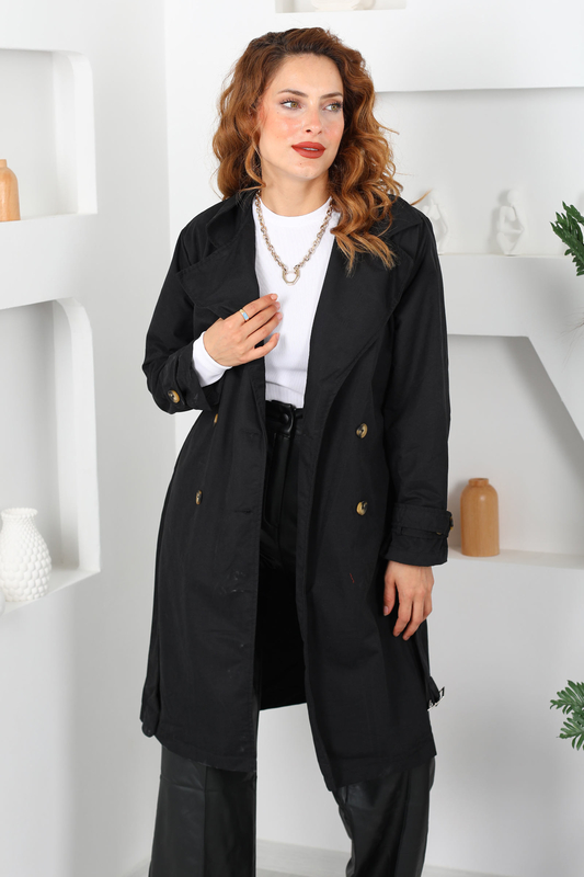 Kemerli Düğmeli Siyah Kadın Soft Trenç - 4