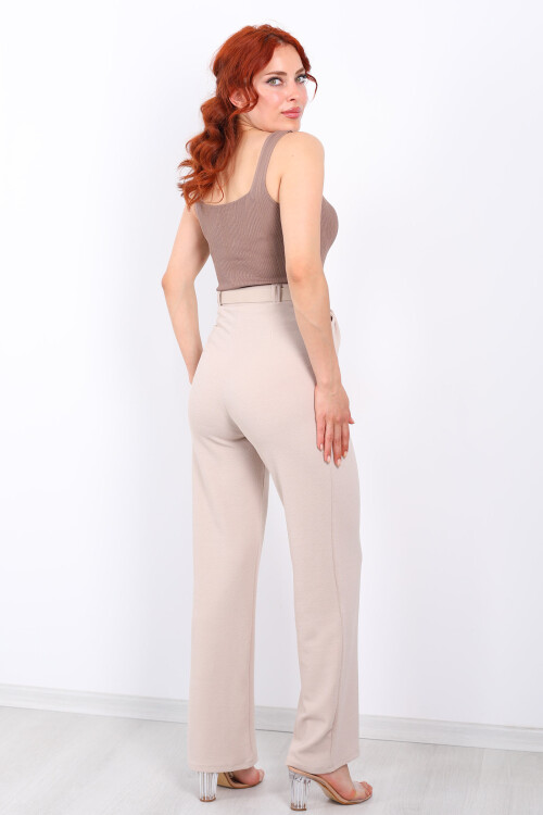 Kemerli Bol Paça Krem Kadın Krep Pantolon - 3