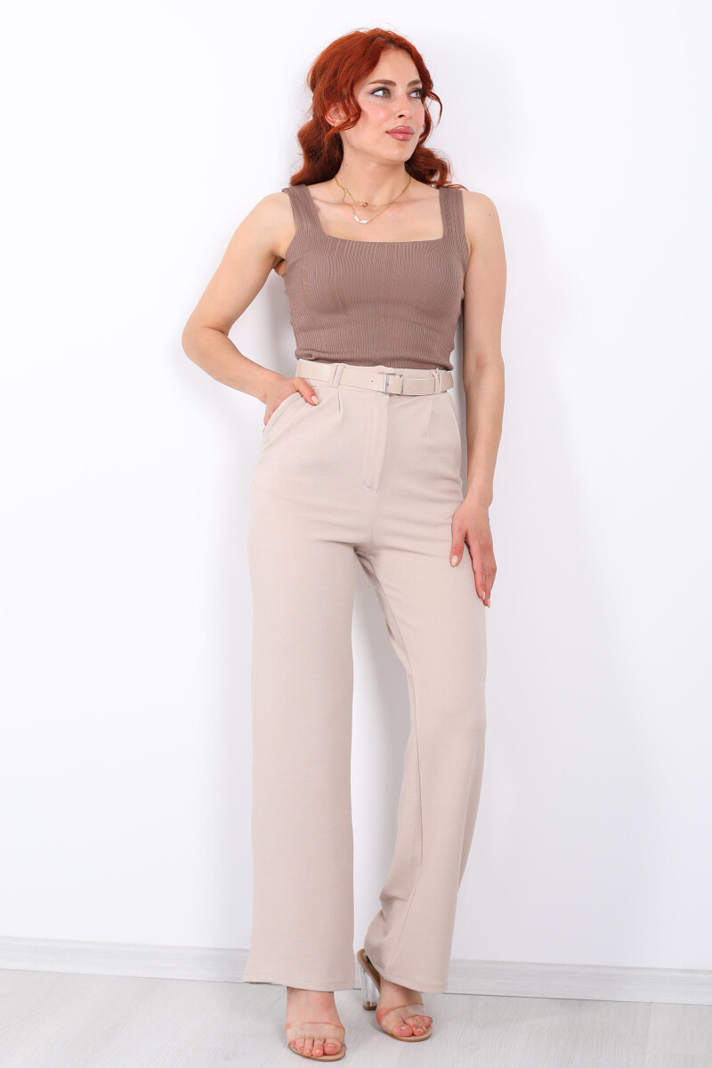 Kemerli Bol Paça Krem Kadın Krep Pantolon - 4