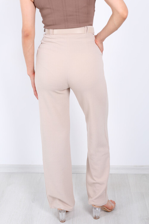 Kemerli Bol Paça Krem Kadın Krep Pantolon - 5