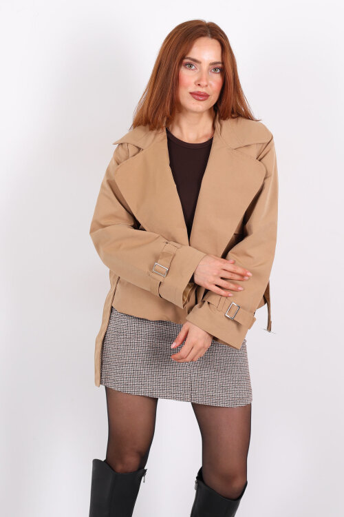 Kemerli Camel Kadın Kısa Trenç - 7