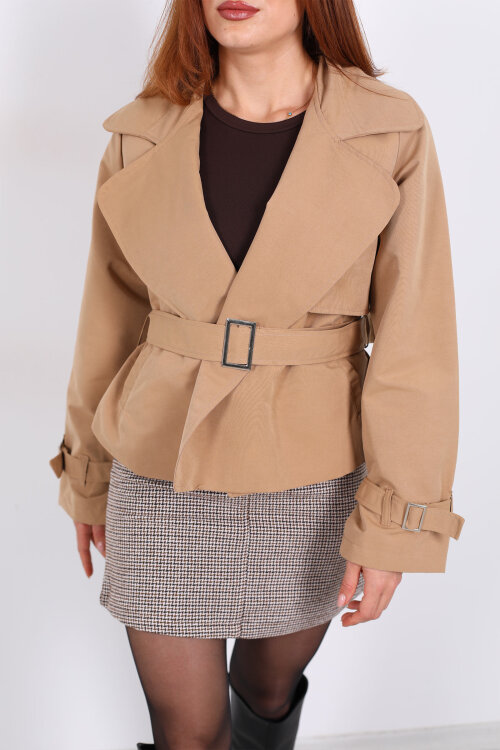 Kemerli Camel Kadın Kısa Trenç - Berox (1)