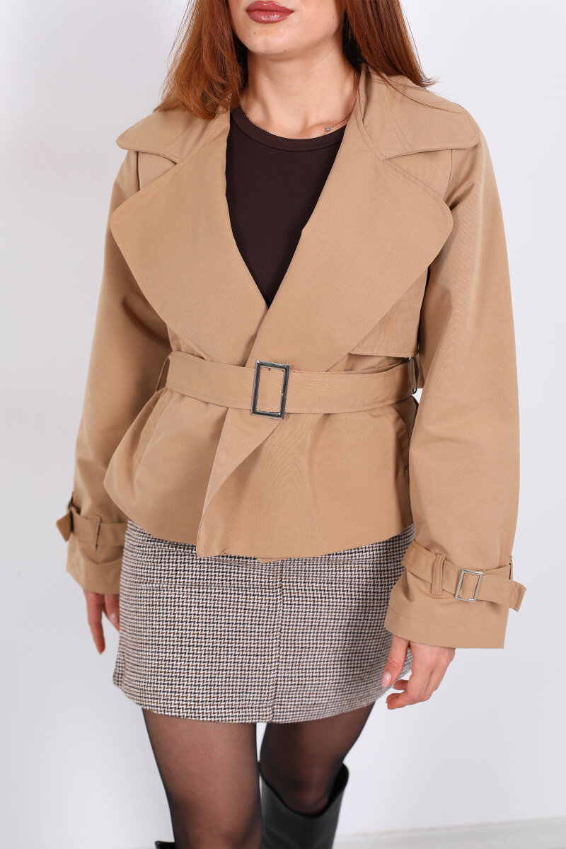 Kemerli Camel Kadın Kısa Trenç - 2