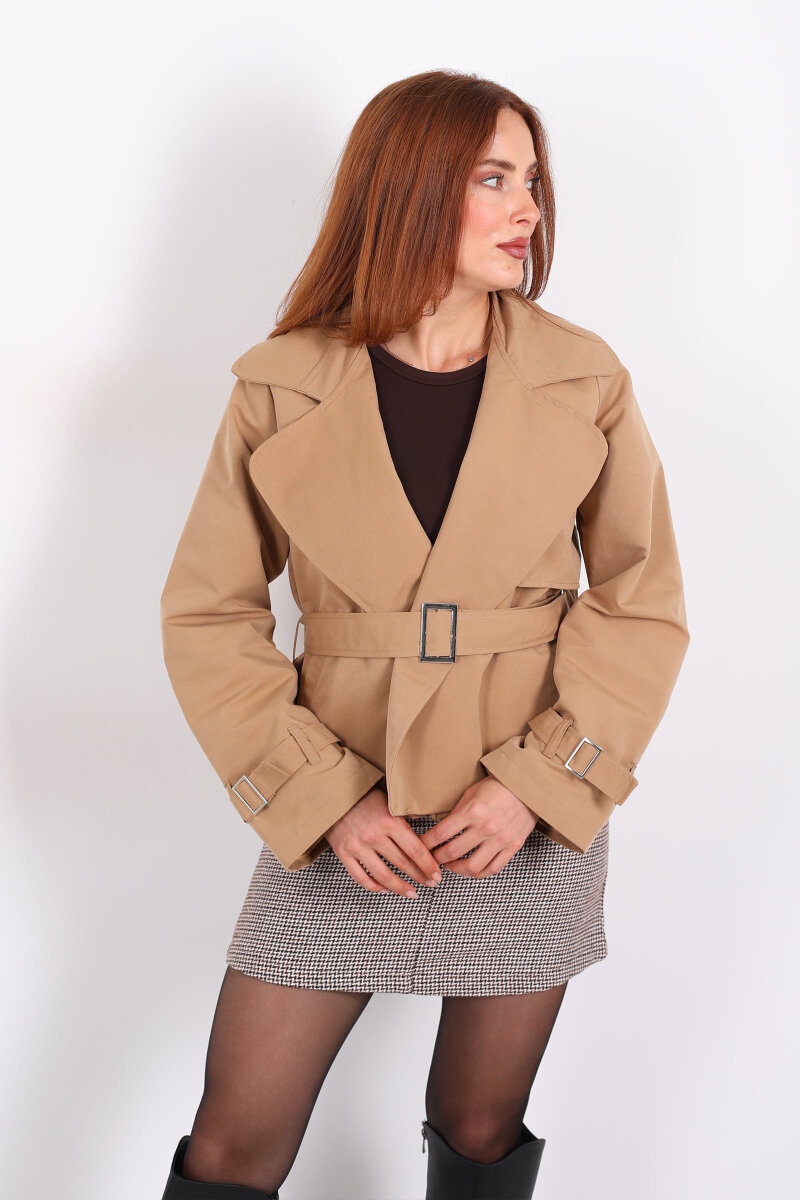 Kemerli Camel Kadın Kısa Trenç - 1