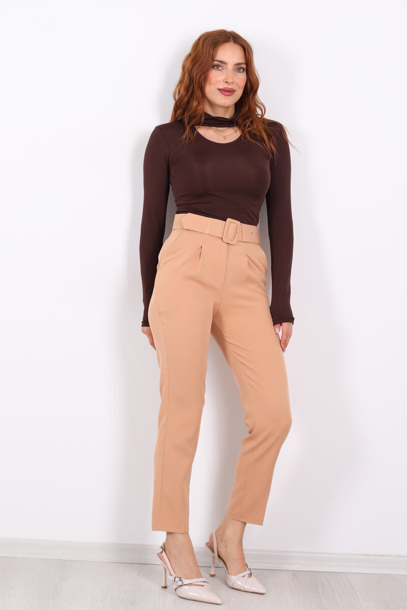 Kemerli Camel Kadın Kumaş Pantolon - 6