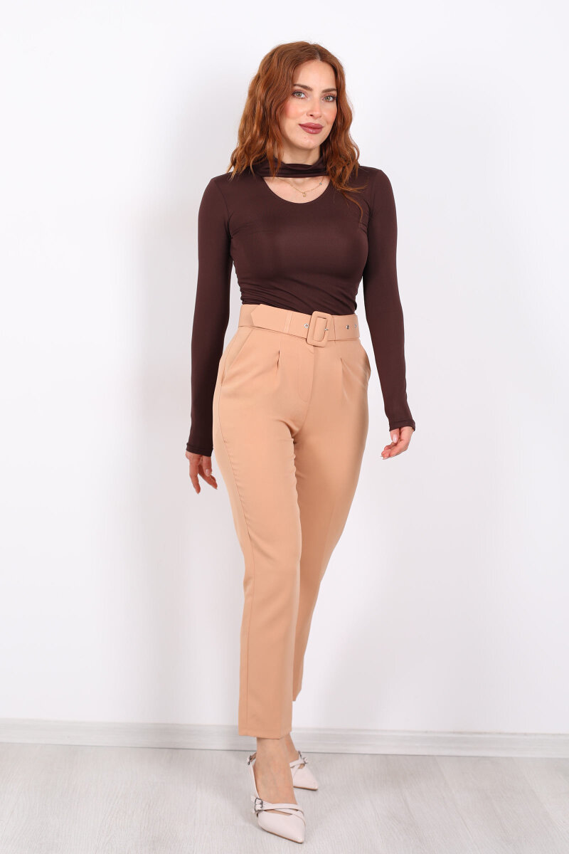 Kemerli Camel Kadın Kumaş Pantolon - 3