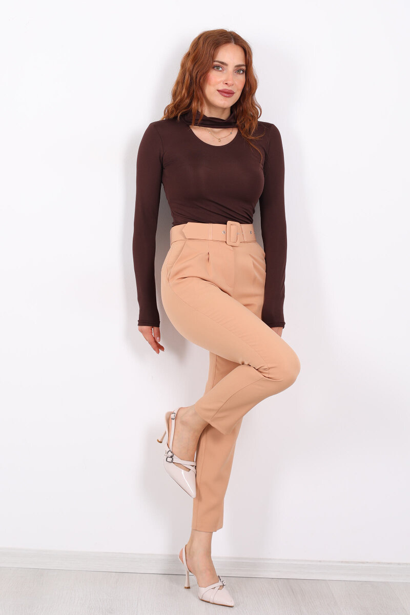Kemerli Camel Kadın Kumaş Pantolon - 1