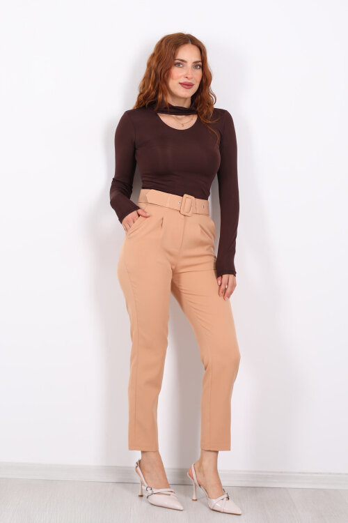 Kemerli Camel Kadın Kumaş Pantolon - 4
