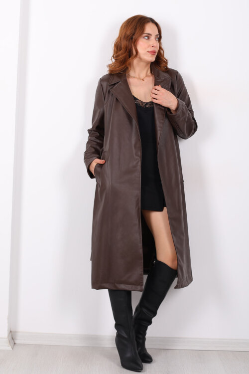 Kemerli Cep Detaylı Acı Kahve Kadın Deri Trençkot - Berox