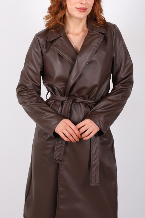 Kemerli Cep Detaylı Acı Kahve Kadın Deri Trençkot - Berox (1)